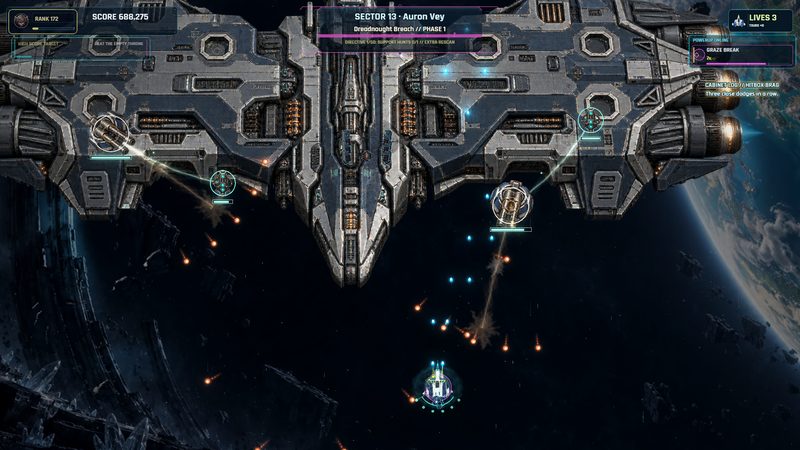 The Dreadnought, a huge armoured warship filling the top of the screen, its gun turrets targeted by the player's fighter.