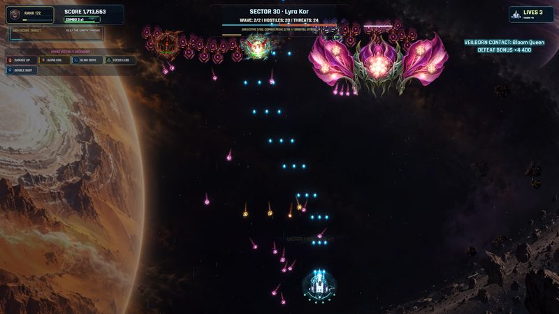 The Veilborn Bloom Queen, three glowing pink blooms, opening above a line of enemy fighters.