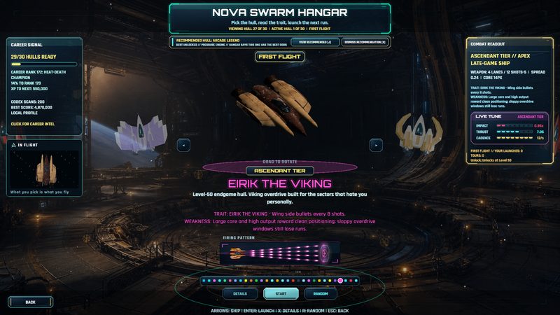 The hangar screen showing the Eirik the Viking ship, its firing pattern, trait and weakness.