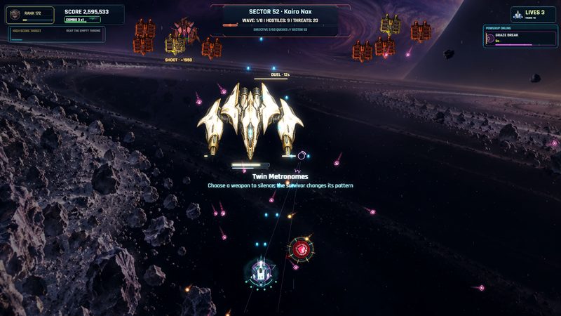 The Twin Metronomes rival encounter over an asteroid belt in Sector 52, with enemy formations along the top.