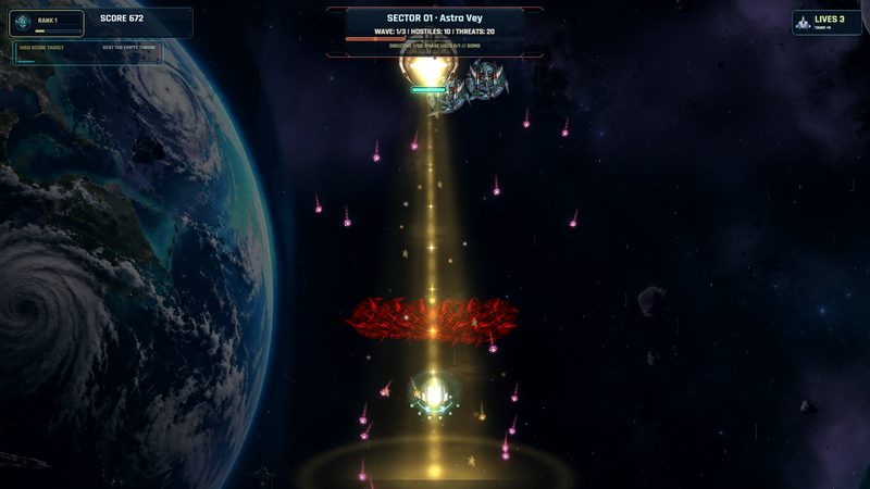 A heavy tractor ship firing a golden tractor beam down at the player's fighter, with a red energy ring around the beam.