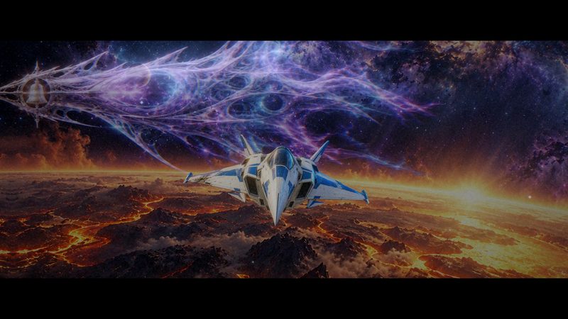 A white fighter flying low over a molten planet under a purple nebula, a frame from the first story film.