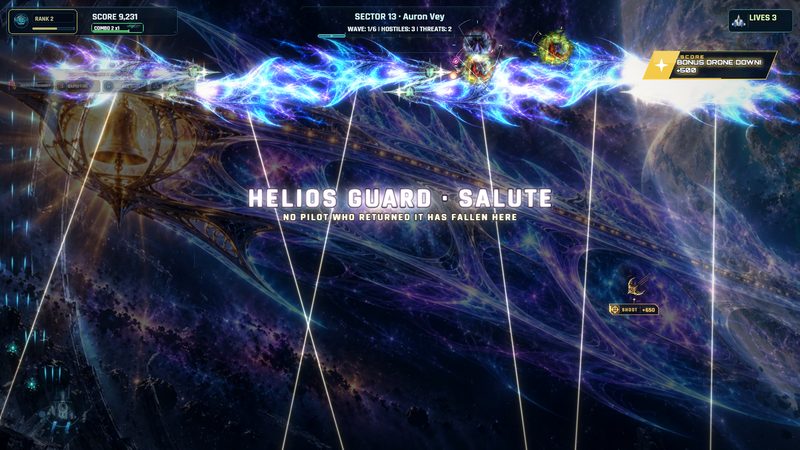 Return the Salute: the ghostly Helios Guard fleet passes across the top of the screen in blue light, searchlight beams falling on the field, under the title HELIOS GUARD - SALUTE in Sector 13.