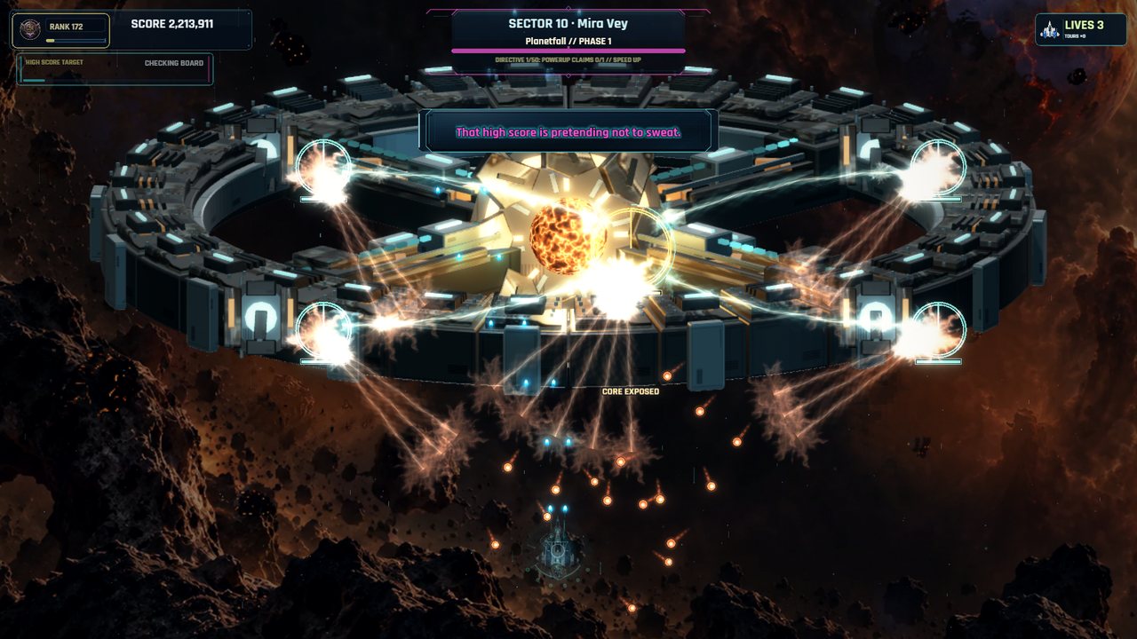 Planetfall, a ring-shaped orbital fortress, with its exposed core erupting under fire.