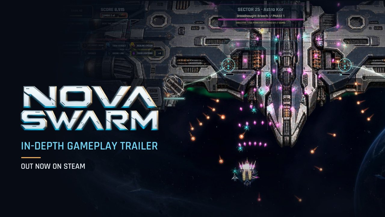 In-depth gameplay trailer thumbnail: the Dreadnought boss beside the Nova Swarm wordmark