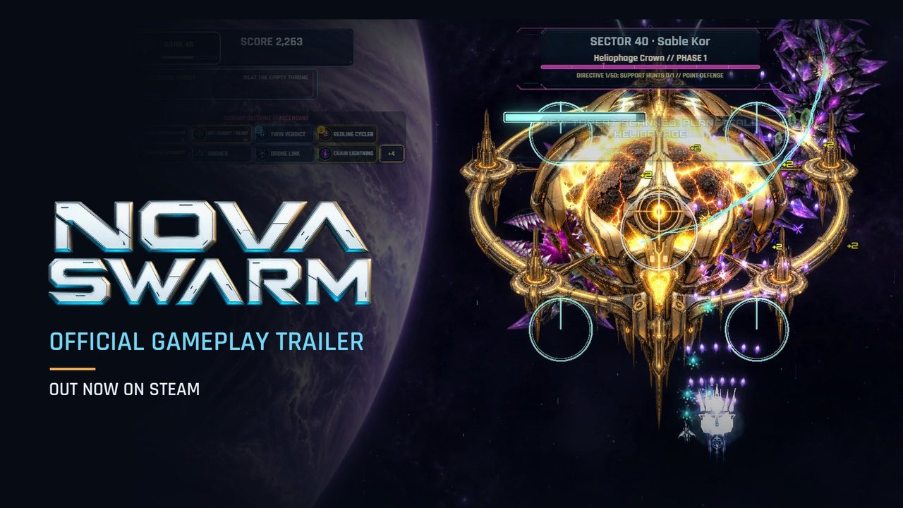 Official gameplay trailer thumbnail: the Heliophage Crown boss beside the Nova Swarm wordmark