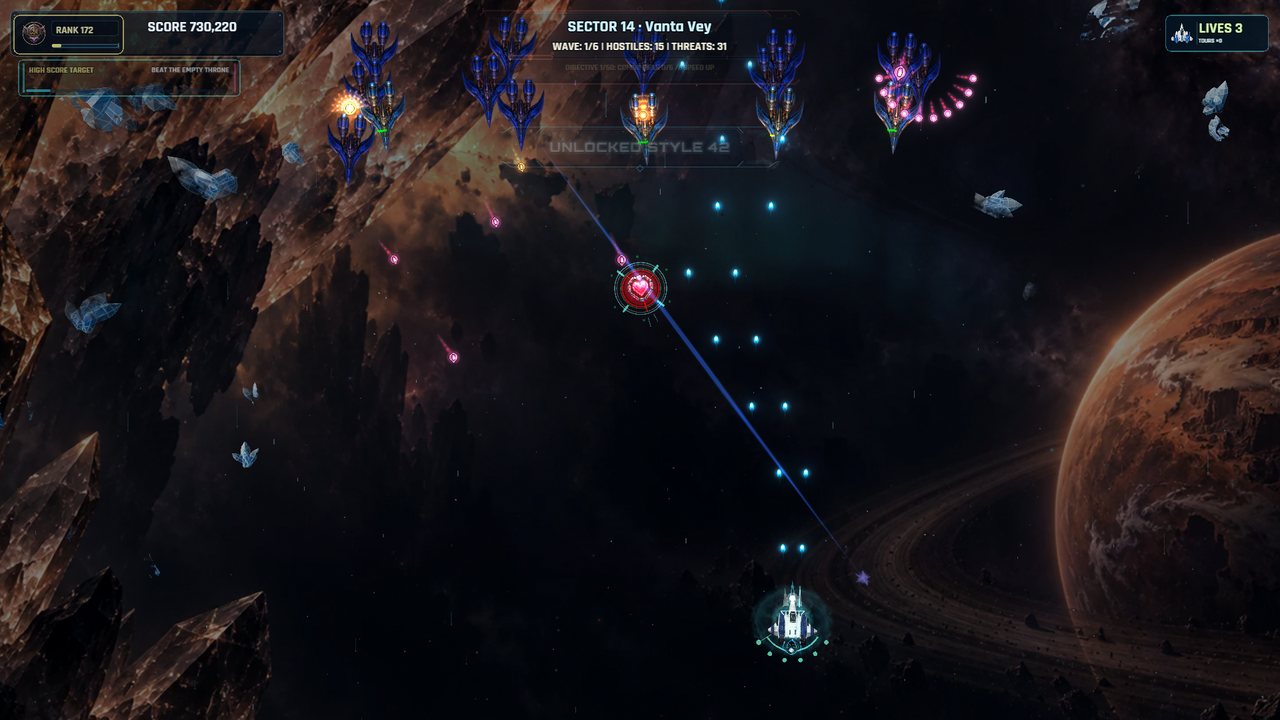 Late-game sector with dense enemy formations and bright, readable shots.
